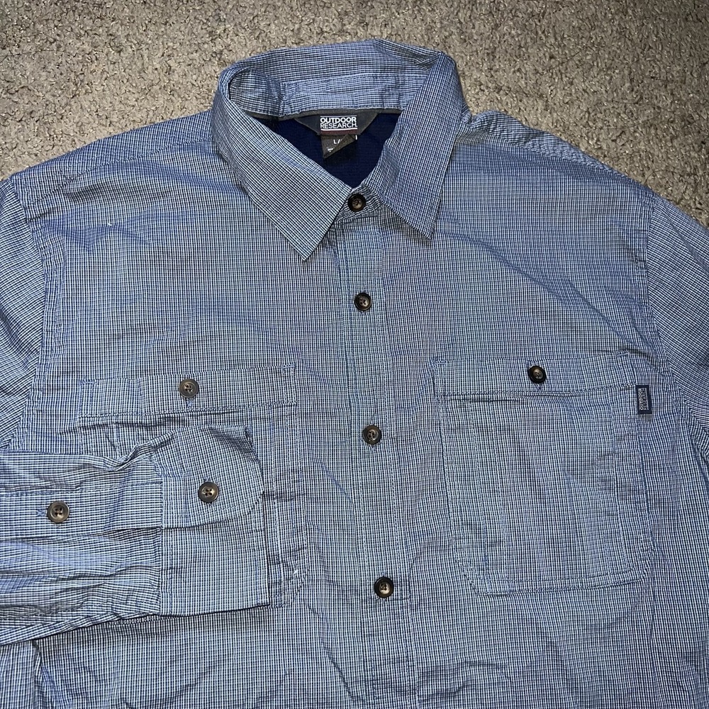 Outdoor Research Onward Long Sleeve Shirt Men L Blue Check Stretch Lined